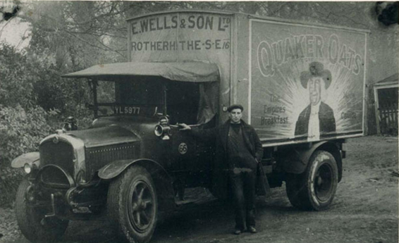 E Wells and Sons Limited, Canon Beck Road, Rotherhithe, C1931. Saurer lorry with driver, for Quaker Oats.  X (2).png