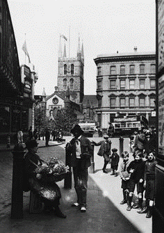 Duke Street, now Duke Street Hill by Findlaters Corner, Southwark Cathedral in background.   X.png