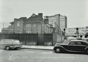 Marlborough Grove, Eveline Lowe Primary School from Marlborough Grove, Bermondsey. The blocks of flats in the distance are in Avondale Square c1966.  X.png