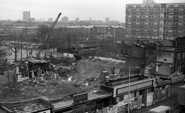 Old Kent Road, Astley House in Rowcross Street on the right c1988. 1 X.png