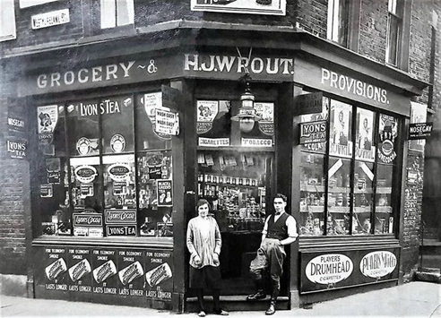Westmoreland Road corner with Alvey Street c1928. Harry John Wrout and his wife.  X.png