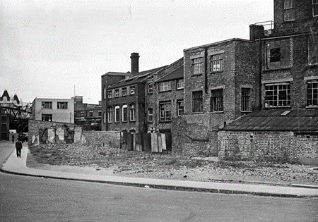 Riley Road, bomb site, c1950. Purbrook Street right.  Pic. 1.  X.png