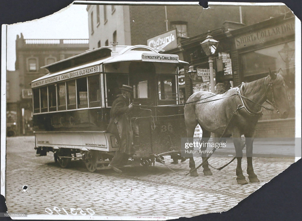 St James Road. The last horse tram route in London 1913. It travels between Raymouth Road in Rotherhithe and Canal Bridge.  X.png